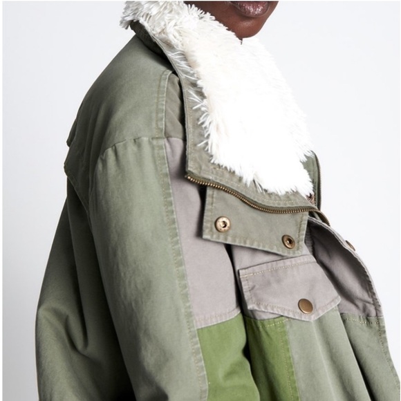 One Teaspoon Green Patchwork Twill Utility Defender Sherpa Fur Lined Coat Small - Picture 2 of 14